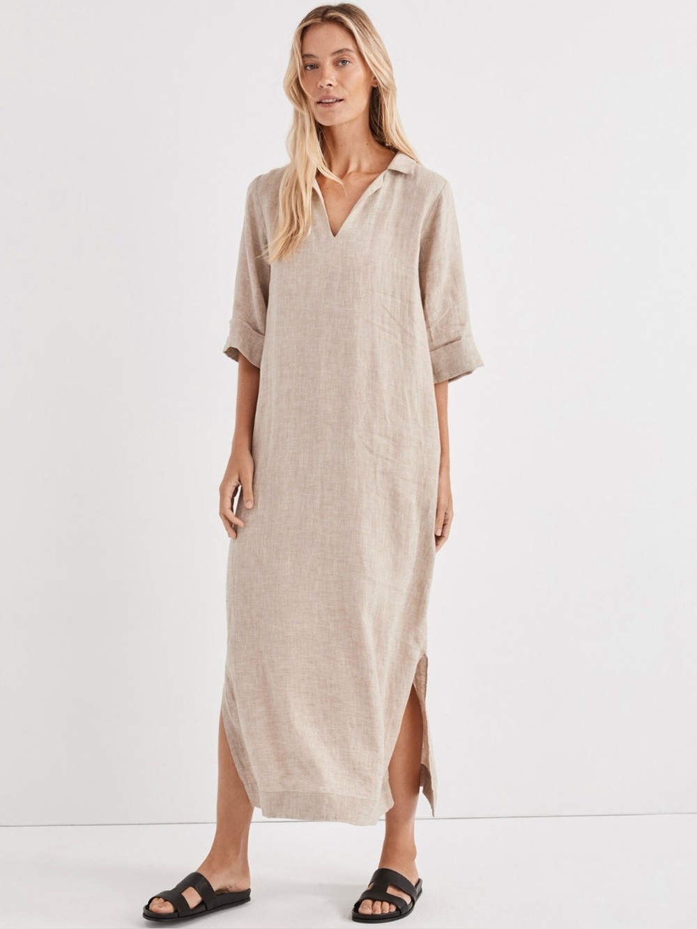 Haven Well Within Linen Maxi Dress - Beige/Tan, Size Small, Collared